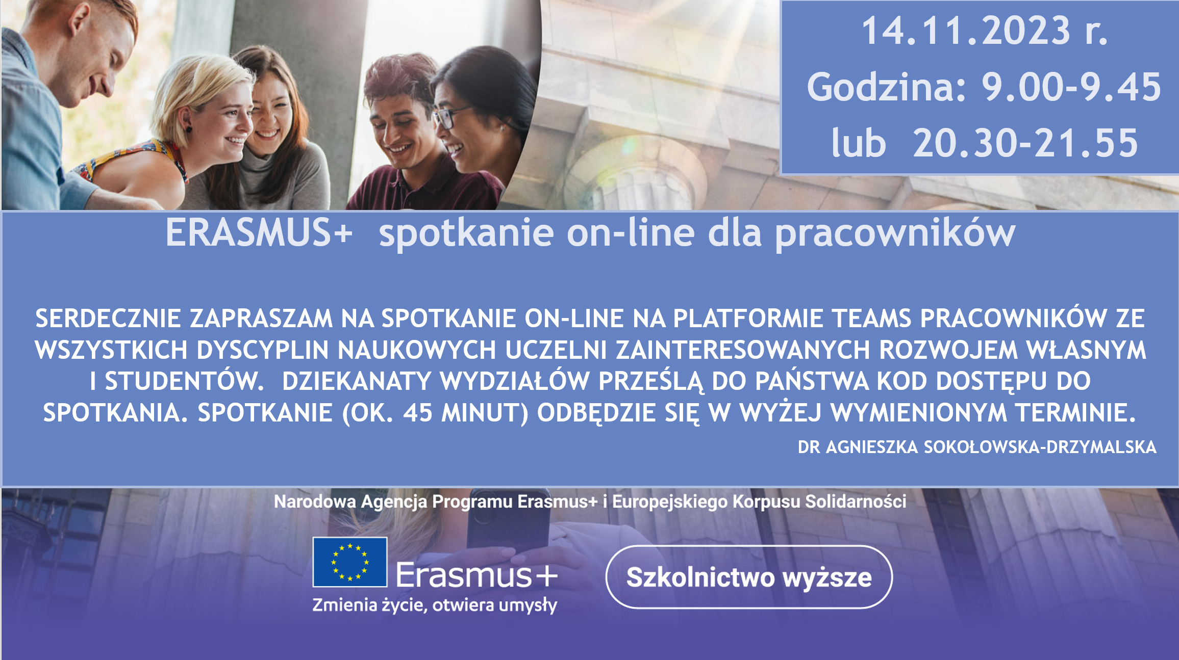 Grafika informująca o OGŁOSZENIE ERASMUS+ ON -LINE 2024