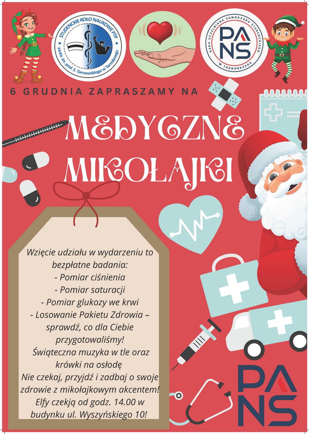 grafika przedstawia plakat promujący akcję profilaktyczną medyczne Mikołajki organizowaną przez studentów PANS