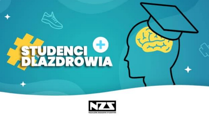 grafika przedstawia rys ludzkiej głowy z nałożonym biretem i nazwę akcji "studenci dla zdrowia"