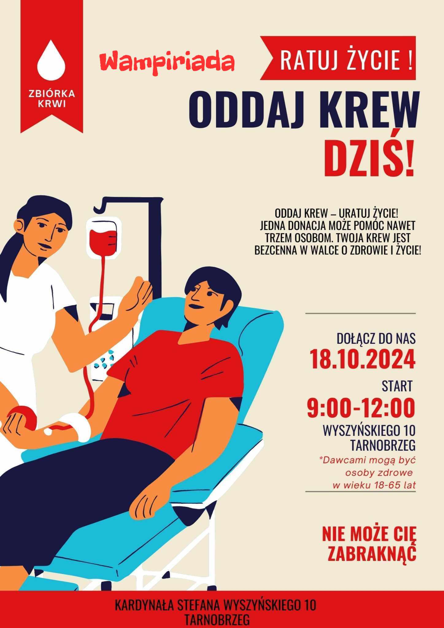 grafika promuje akcję oddawania krwi podczas wydarzenia Wampiriada 2024 organizowanego przez studentów PANS w Tarnobrzegu