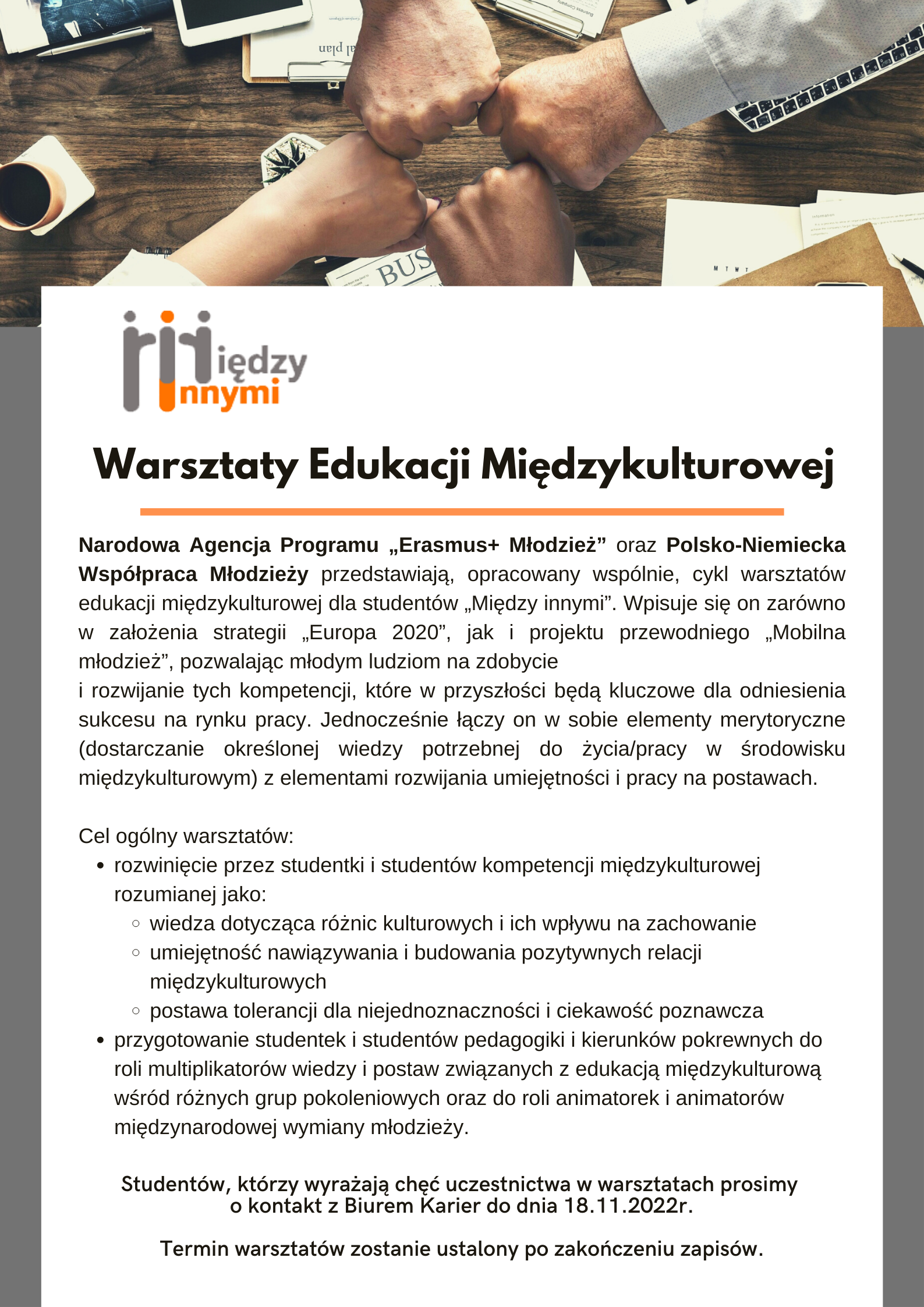 Plakat przedstawia Warsztaty Edukacji Międzykulturowej