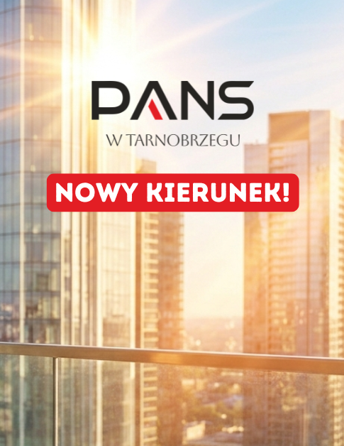 w tle drapacze chmur i wschodzące słońce, na pierwszym planie logo akademii i tekst nowy kierunek