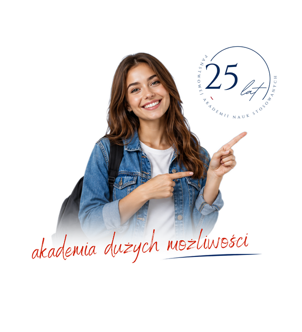 grafika na białym tle przedstawia uśmiechniętą dziewczynę z plecakiem na ramieniu, która wskazuje na jubileuszowy logotyp uczelni. pod spodem znajduje się napis akademia dużych możliwości 