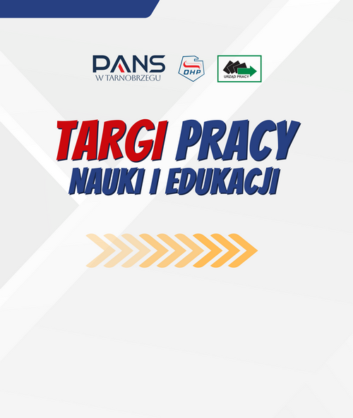 jasne tło, w centrum napis w kolorze czerwonym i granatowym Targi pracy, nauki i edukacji, powyżej logotypy organizatorów, poniżej strzałka w kolorze żółtym skierowana w prawo 