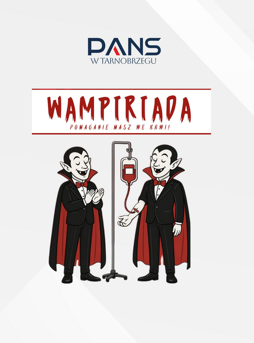 grafika przedstawia rysunkowe postacie dwóch uśmiechniętych wampirów. pomiędzy nimi jest szpitalny stojak oraz kroplówka wypełniona krwią. Powyżej napis wampiriada oraz logo akademii