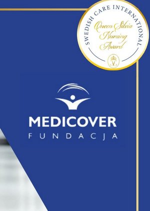 grafika przedstawia na granatowym tle logo fundacji Medicover