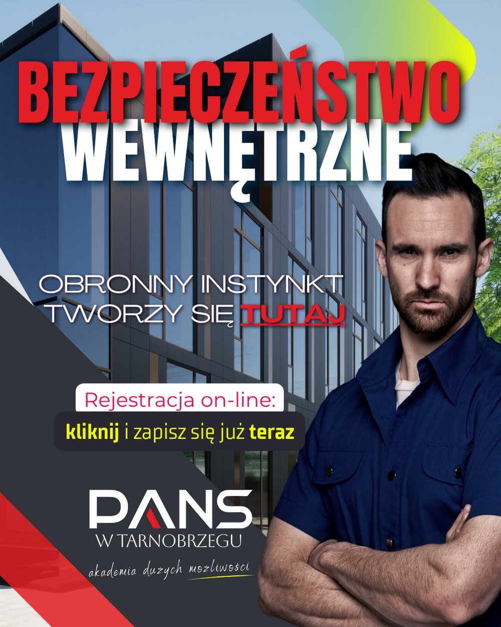 grafika promuje kierunek bezpieczeństwo wewnętrzne, na zdjęciu po prawej postawny mężczyzna, pewny siebie  