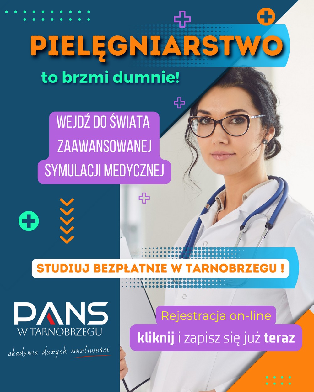 grafika promuje kierunek pielęgniarstwo, na pierwszym planie po prawej stronie postać młodej pielęgniarki