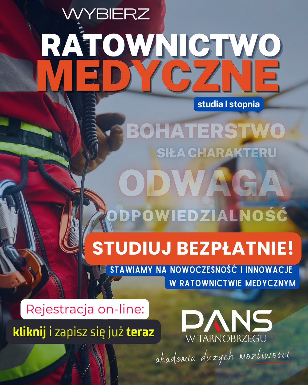 grafika promująca kierunek ratownictwo medyczne, w tle postać ratownika i helikopter na lądowisku