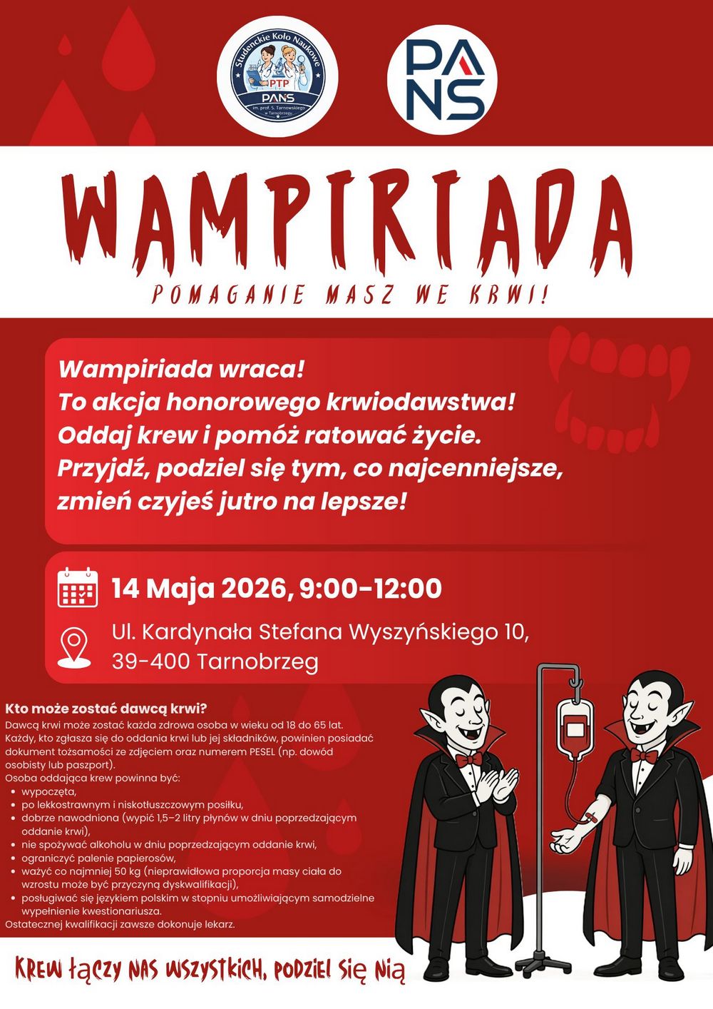 grafika przedstawia zaproszenie do udziału w akcji krwiodawstwa pod nazwą Wampiriada. Na plakacie przeważa kolor czerwony