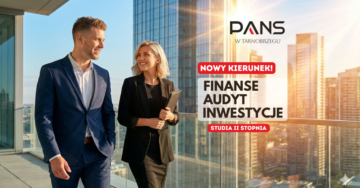 W tle drapacze chmur i wschodzące słońce, na pierwszym planie z lewej dwoje uśmiechniętych inwestor&oacute;w idzie p[o tarasie widokowym. Z prawej strony logo akademii i tekst Nowy kierunek Finanse, audyt, inwestycje. Pod spodem studia II stopnia