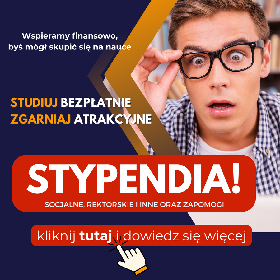 grafika przedstawia zaskoczonego studenta, który z wrażenia poprawia okulary oraz hasło STYPENDIA